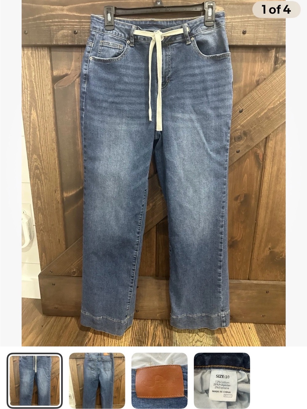 Sidefeel High Waist Wide-Leg Denim Pants with Drawstring - Blue